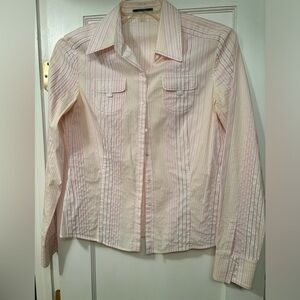 White buttoned down top with thin pink and yellow pinstripes